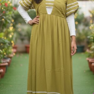 chartreuse puff sleeve dress with white scalloped trim