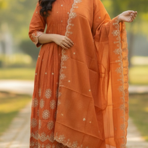 rust orange embroidered anarkali kurta set with scalloped dupatta
