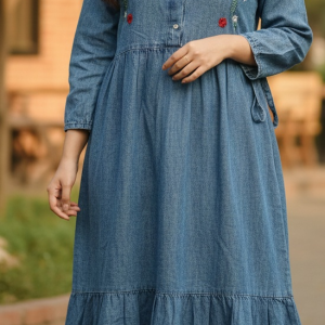 floral embroidered tiered denim maxi dress