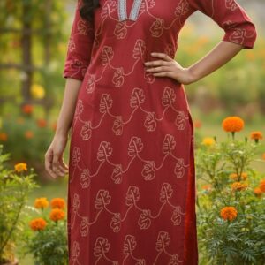floral leaf print a line kurta in crimson red